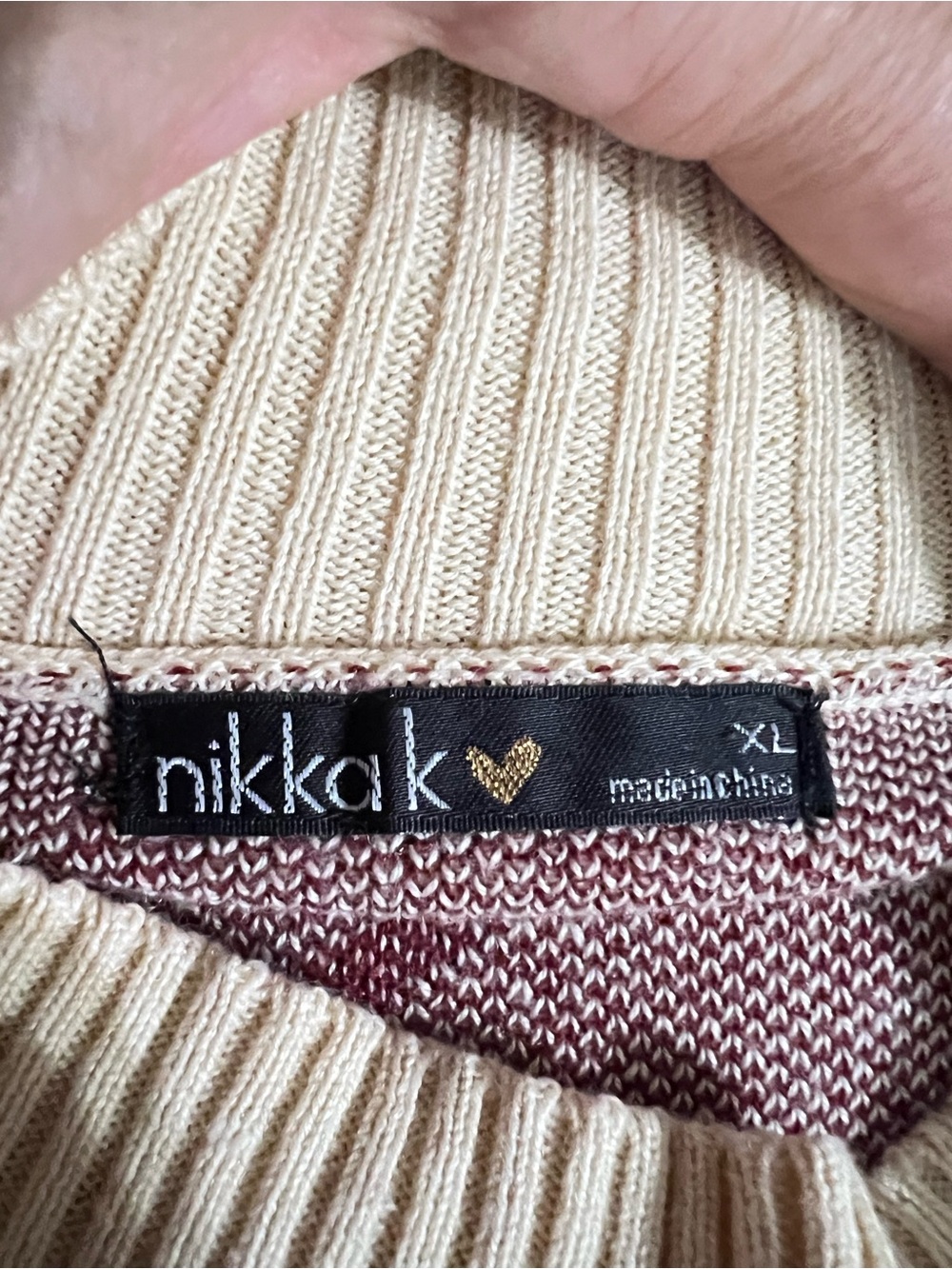 Nikka K Cream W/Burgundy Knit Smiley Face Mock Neck Sweater Hippie Junior Sz XL - Picture 4 of 5